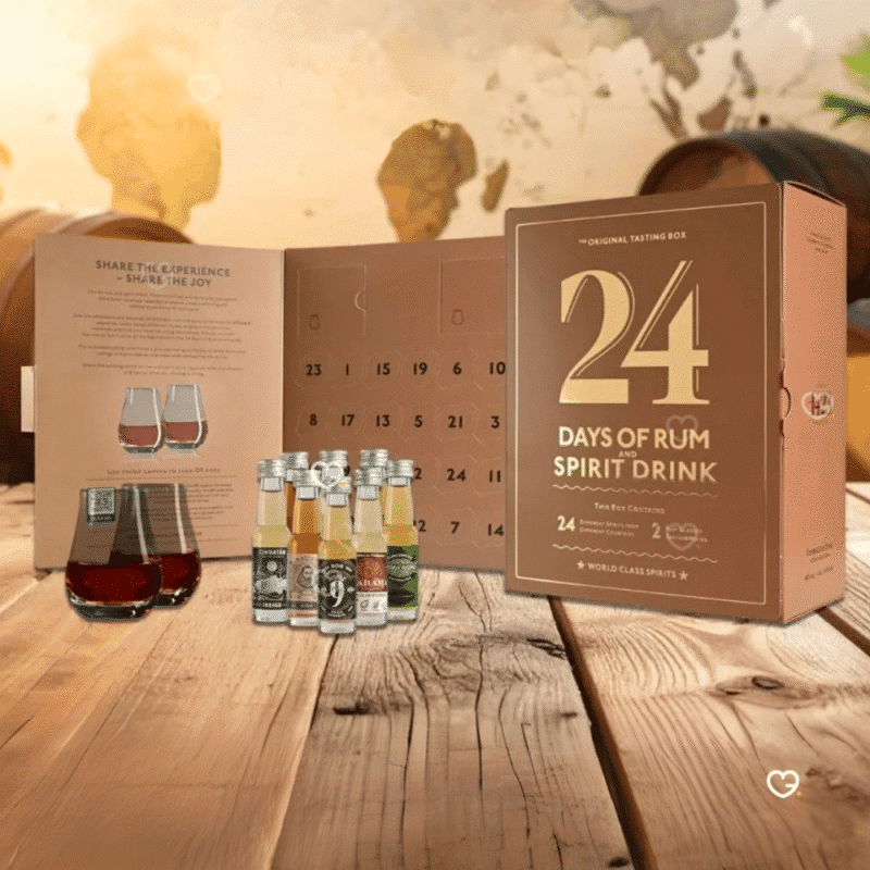 24 days of rum Adventskalender 2025 mit 24 Rum-Miniaturen, zwei Tastinggläsern und Notizheften als edles Geschenkset.