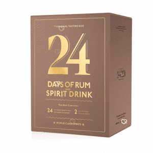 24 days of rum Adventskalender 2025 mit 24 Rum-Miniaturen, zwei Tastinggläsern und Notizheften als edles Geschenkset.