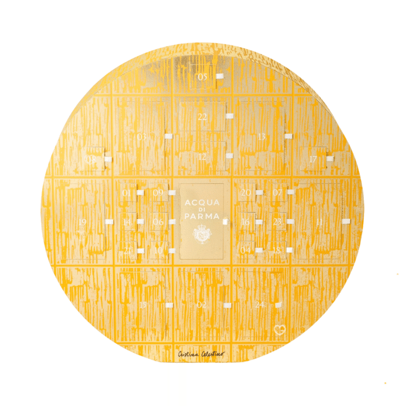 Acqua Di Parma Adventskalender 2025 in goldener Box mit 25 Luxus-Überraschungen aus Parfum, Pflege und Duftkerzen.