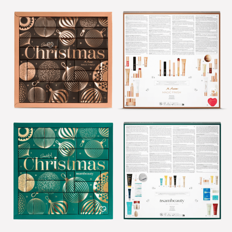 Asam Beauty Adventskalender 2025 in Gold oder Grün mit 24 Make-up- und Pflege-Überraschungen im Wert von über 215 €.