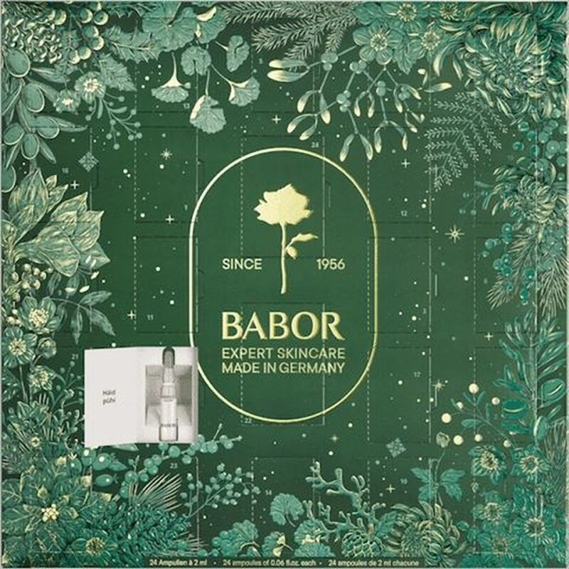 Babor Adventskalender 2025 mit 24 luxuriösen Ampullen für Feuchtigkeit, Regeneration, Glow und Lifting in festlicher Box.