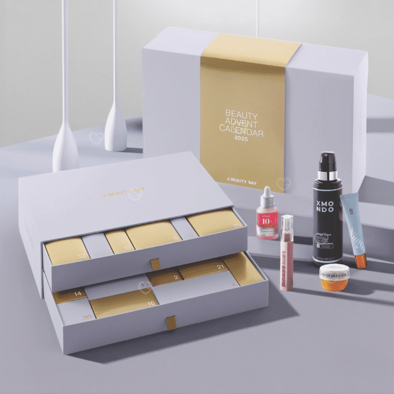 Beauty Bay Adventskalender 2025 Limited Edition mit 27 Make-up-, Haut- und Haarpflege-Highlights in festlicher Box.