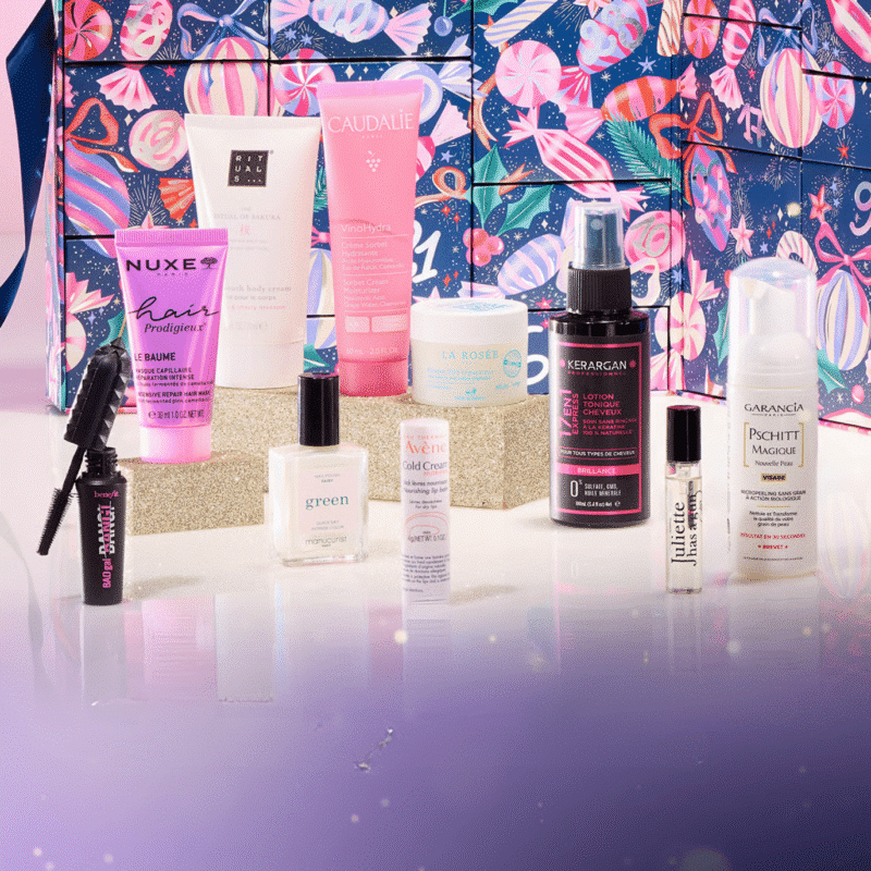 Blissim Adventskalender 2025 mit 24 Beauty-Highlights für Gesicht, Körper, Make-up und Haarpflege in festlicher Box.