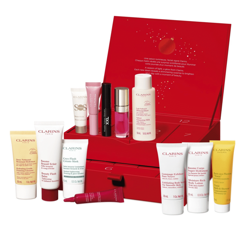 Clarins 12 Tage Adventskalender 2025 in roter Geschenkbox mit 12 luxuriösen Pflege- und Make-up-Minis für die Adventszeit