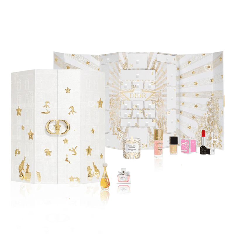 Dior Adventskalender 2025 als luxuriöse Box mit 24 Miniaturen aus Parfum, Make-up, Pflege und Duftkerze.
