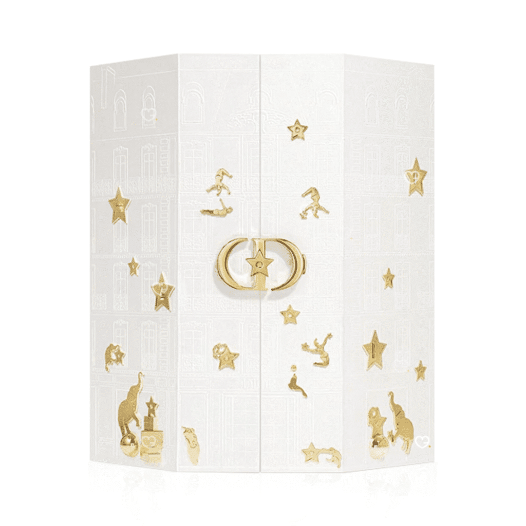 Dior Adventskalender 2025 als luxuriöse Box mit 24 Miniaturen aus Parfum, Make-up, Pflege und Duftkerze.