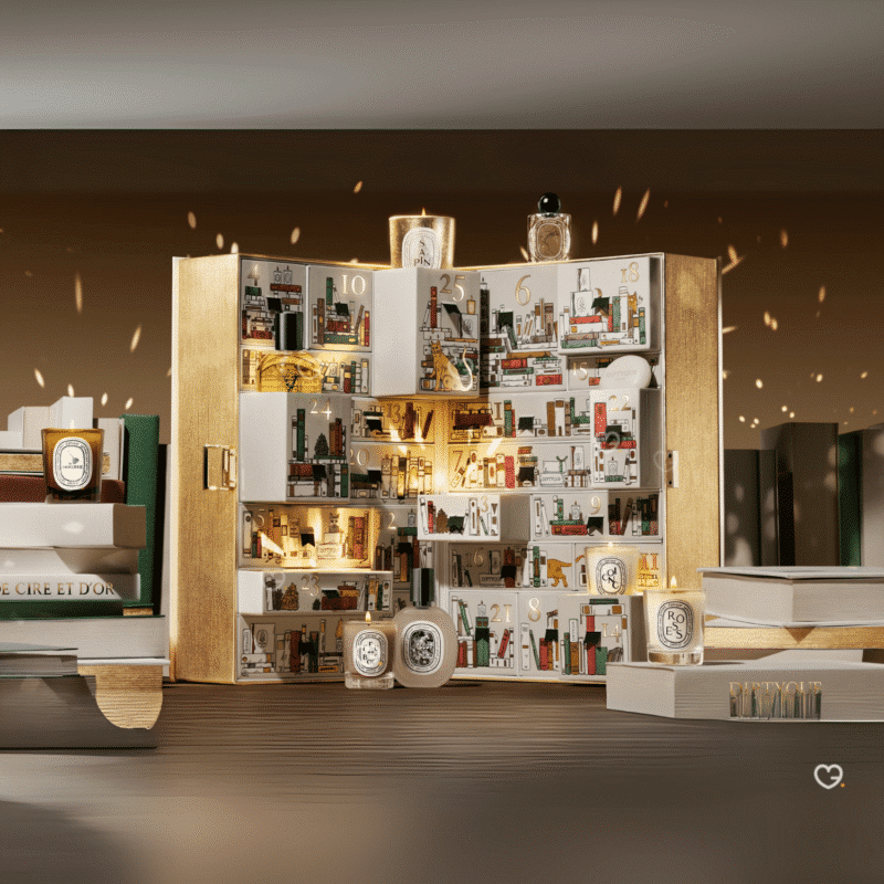 Diptyque Adventskalender 2025 mit 25 luxuriösen Mini-Kerzen, Parfums und Pflegeprodukten in festlicher Geschenkbox.