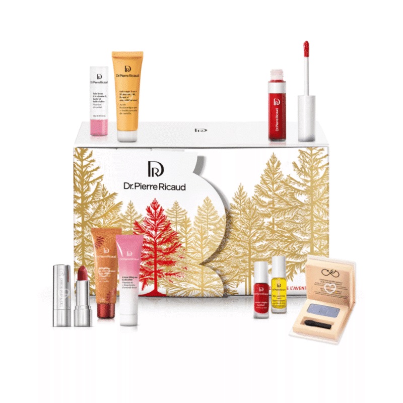 Dr Pierre Ricaud Adventskalender 2025 mit 24 luxuriösen Pflege- und Make-up-Minis in festlicher rot-goldener Box.