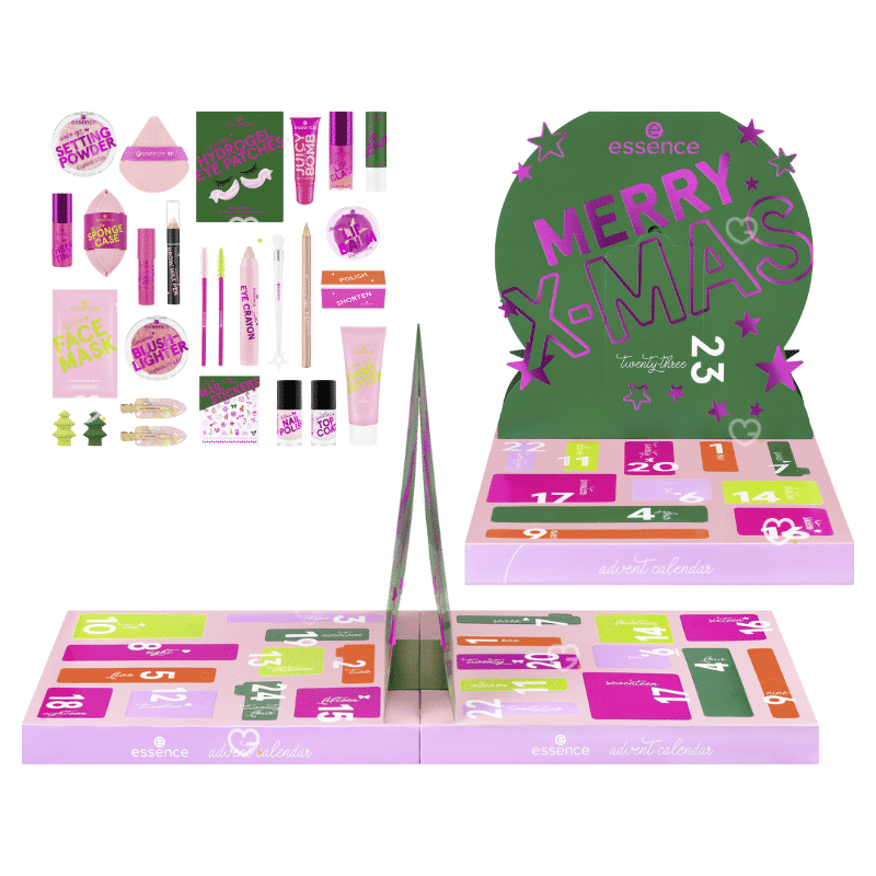 Essence Adventskalender 2025 in festlicher Box mit 24 limitierten Beauty-Überraschungen für Augen, Lippen, Nägel und Pflege.