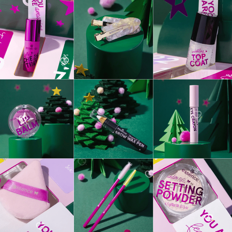 Essence Adventskalender 2025 in festlicher Box mit 24 limitierten Beauty-Überraschungen für Augen, Lippen, Nägel und Pflege.