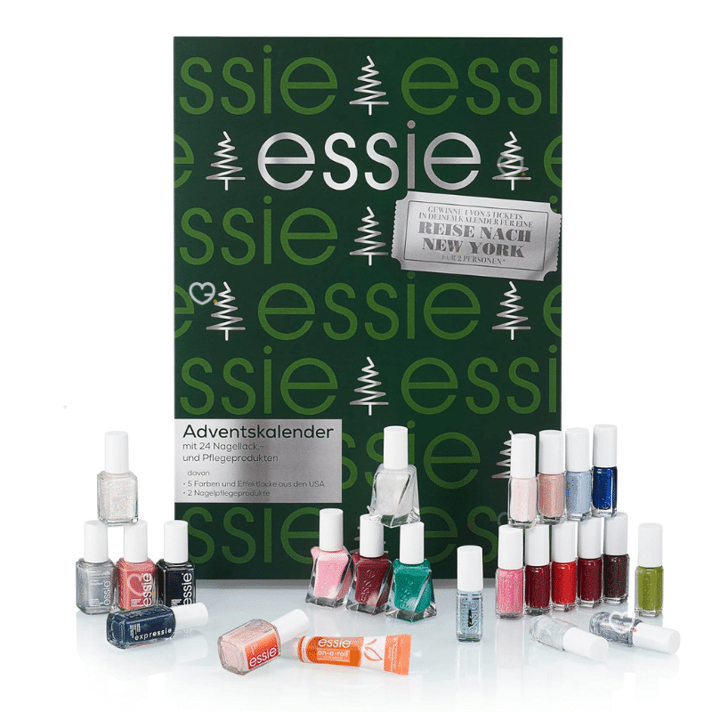 Essie Adventskalender 2025 mit 24 Nagellack- und Pflege-Überraschungen, inkl. 11 Full-Size und exklusiven US-Shades.