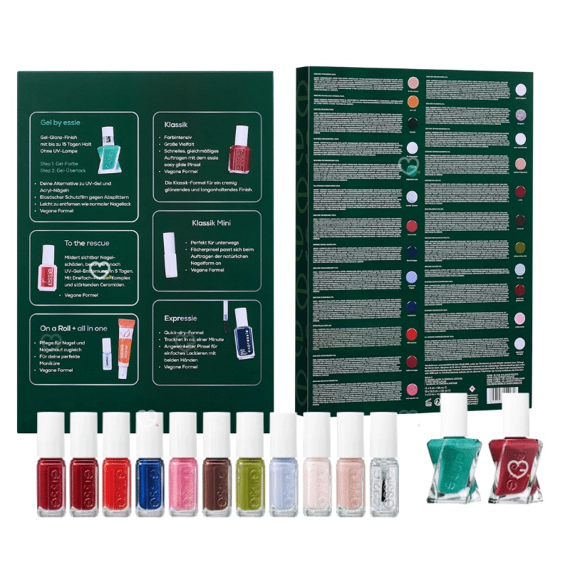 Essie Adventskalender 2025 mit 24 Nagellack- und Pflege-Überraschungen, inkl. 11 Full-Size und exklusiven US-Shades.