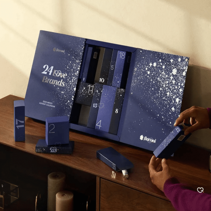 Flaconi Men Adventskalender 2025 mit 24 Pflege- und Duft-Highlights für Herren, limitierte Luxus-Edition in eleganter Box.