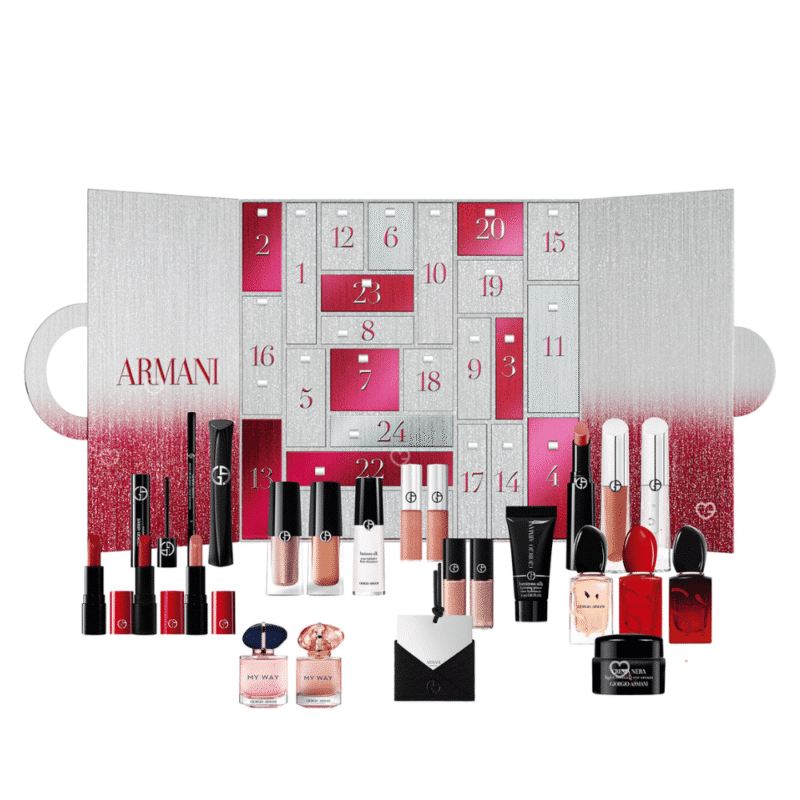 Giorgio Armani Adventskalender 2025 in roter Luxusbox mit 24 Beauty-Highlights wie Parfum, Make-up und Skincare.