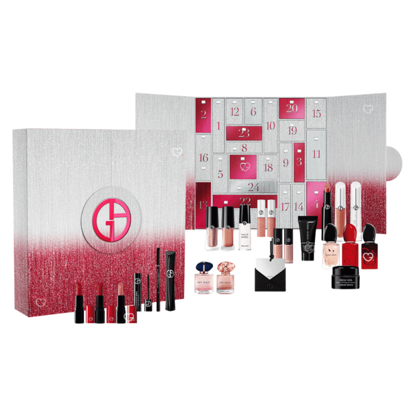 Giorgio Armani Adventskalender 2025 in roter Luxusbox mit 24 Beauty-Highlights wie Parfum, Make-up und Skincare.