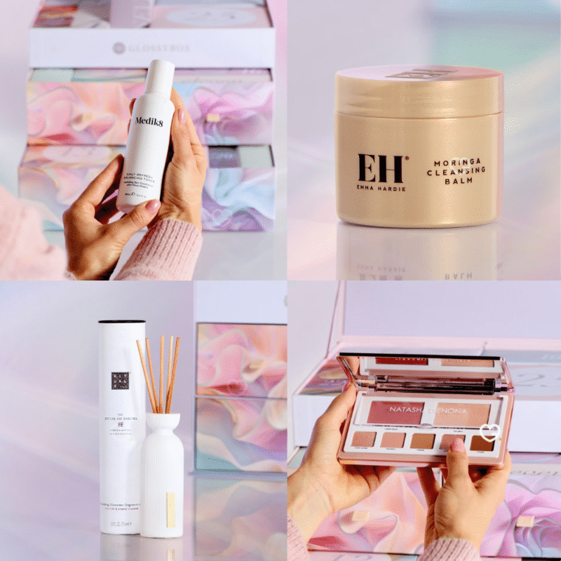 Glossybox Adventskalender 2025 in festlicher Box mit 27 Beauty-Produkten, 19 Fullsize von Marken wie Rituals und Medik8.