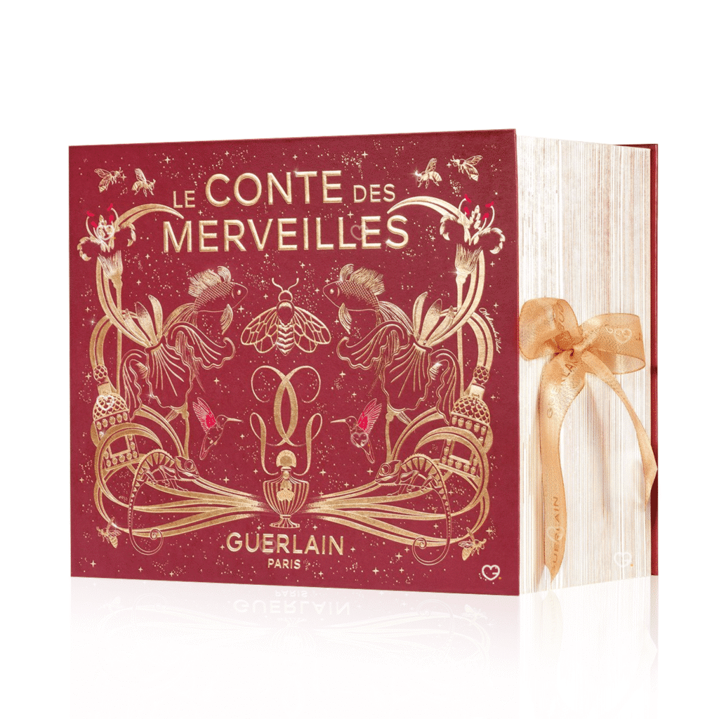 Guerlain Adventskalender 2025 in gold-weißer Box mit 25 Luxusminiaturen aus Parfum, Pflege, Make-up und Duftkerzen.
