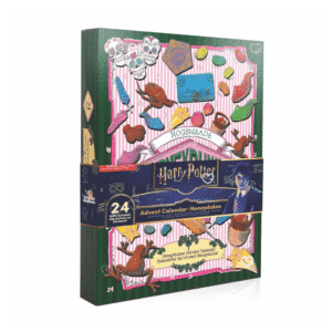 Harry Potter Honeydukes Adventskalender 2025 mit 24 Fanartikeln wie Socken, Schlüsselanhänger und Puzzle in festlicher Box.