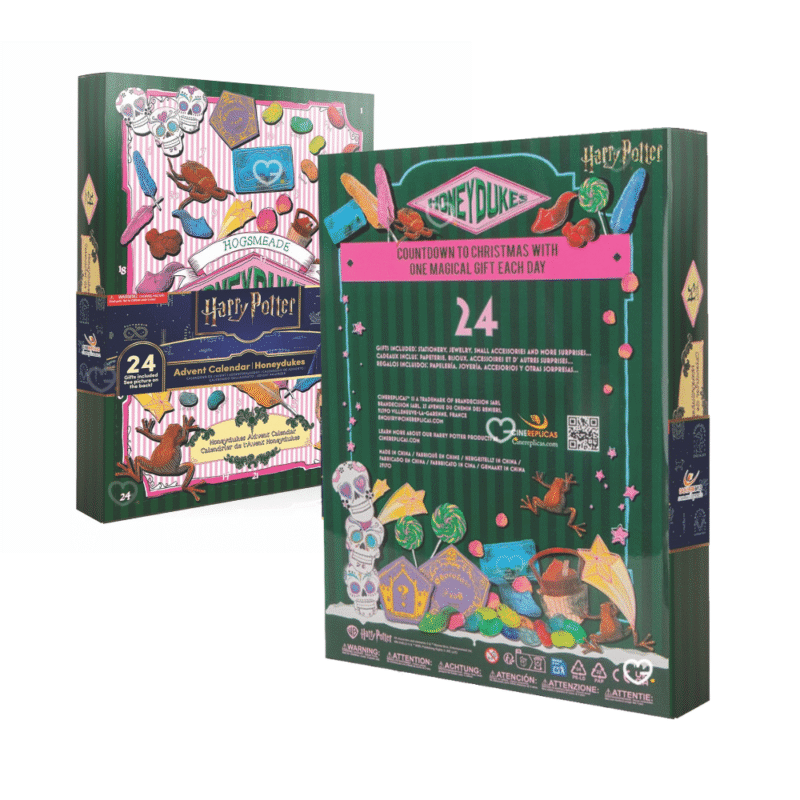 Harry Potter Honeydukes Adventskalender 2025 mit 24 Fanartikeln wie Socken, Schlüsselanhänger und Puzzle in festlicher Box.