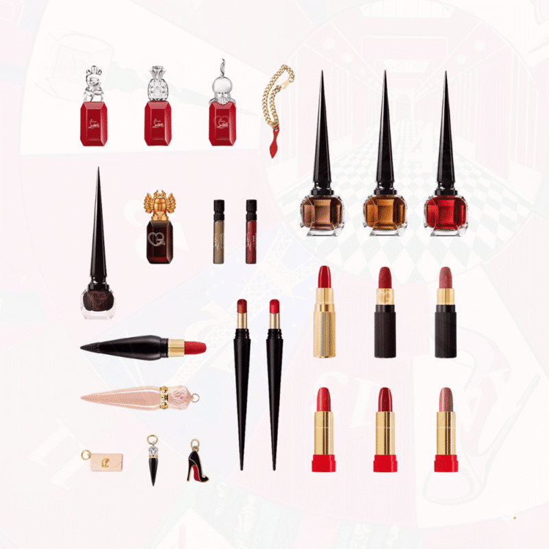 Louboutin Adventskalender 2025 mit 24 Luxus-Beauty-Highlights wie Parfum-Miniaturen, Lippenstiften, Nagellack und Charms.