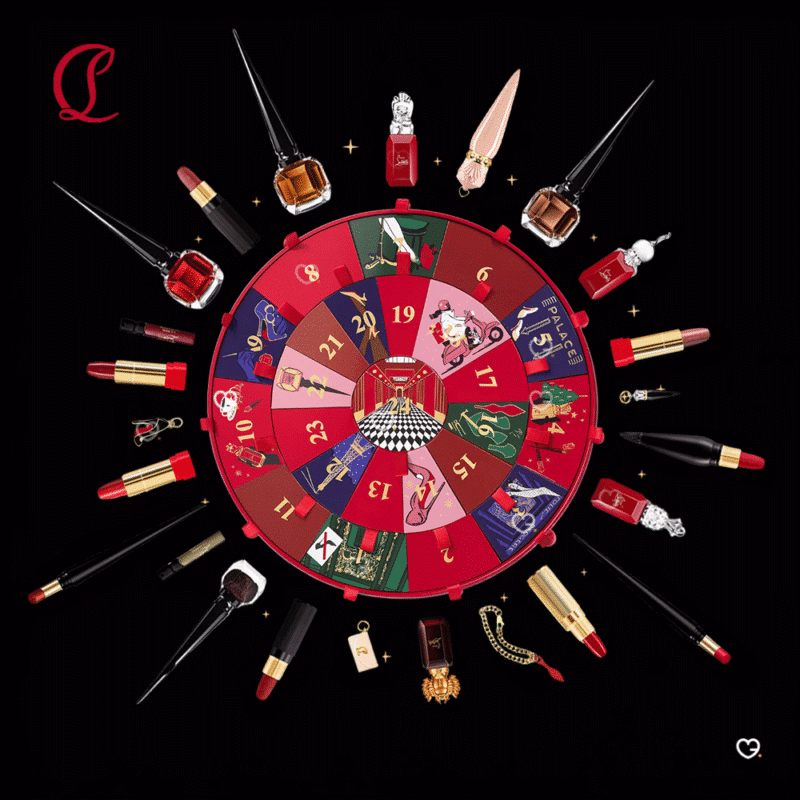 Louboutin Adventskalender 2025 mit 24 Luxus-Beauty-Highlights wie Parfum-Miniaturen, Lippenstiften, Nagellack und Charms.