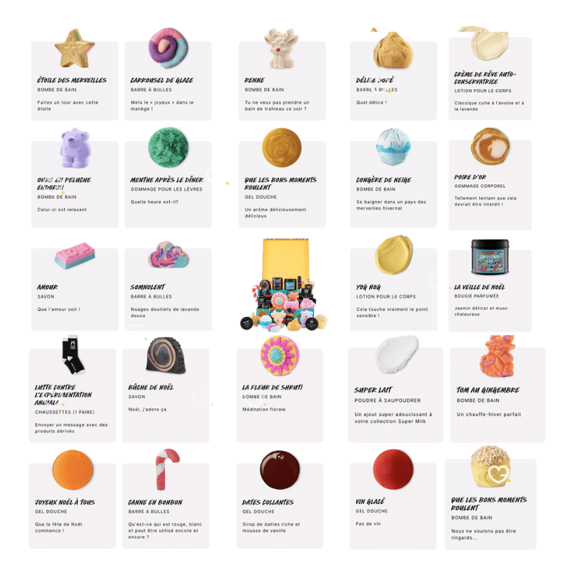 Lush Adventskalender 2025 in kunstvoller Box mit 25 veganen Beauty-Überraschungen von Badebomben bis Parfum.