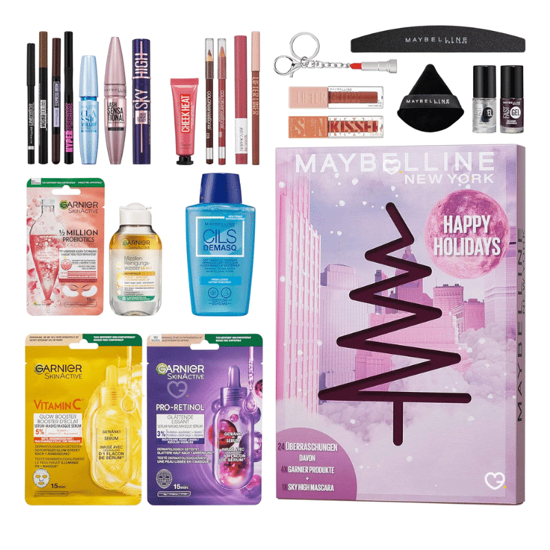 Maybelline Adventskalender 2025 mit 24 Beauty-Überraschungen für Augen, Lippen, Gesicht, Nägel und Skincare in festlicher Box
