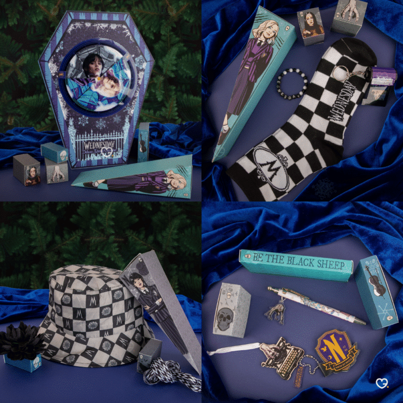 Mercredi Deluxe – Cineraplicas Adventskalender 2025 mit 24 Fanartikeln wie Schmuck, Figuren und Accessoires für Wednesday-Fans.