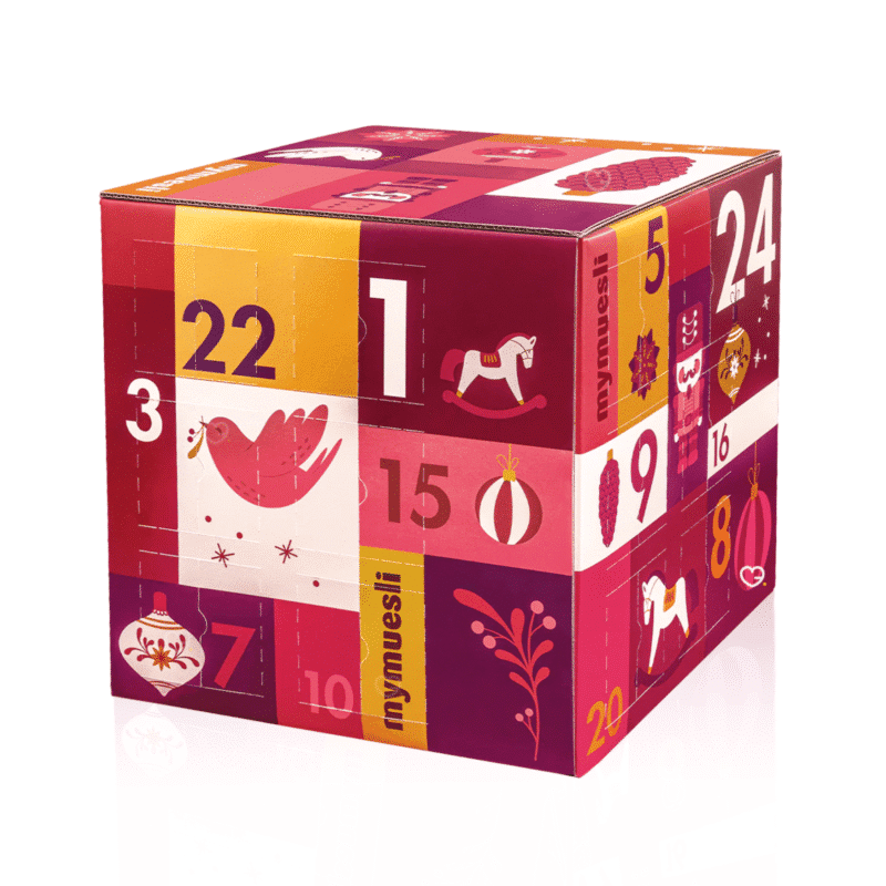Muesli 2-go Adventskalender 2025 mit 24 Bio-Müslis in Bechern, 12 exklusiven Sorten und festlicher Gourmet-Box.