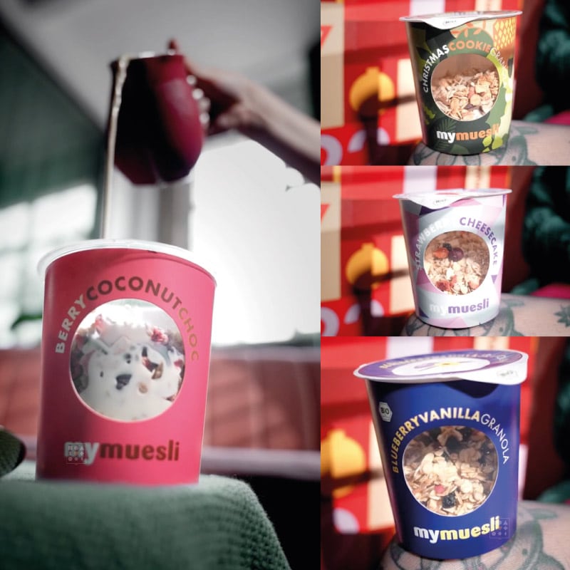 Muesli 2-go Adventskalender 2025 mit 24 Bio-Müslis in Bechern, 12 exklusiven Sorten und festlicher Gourmet-Box.