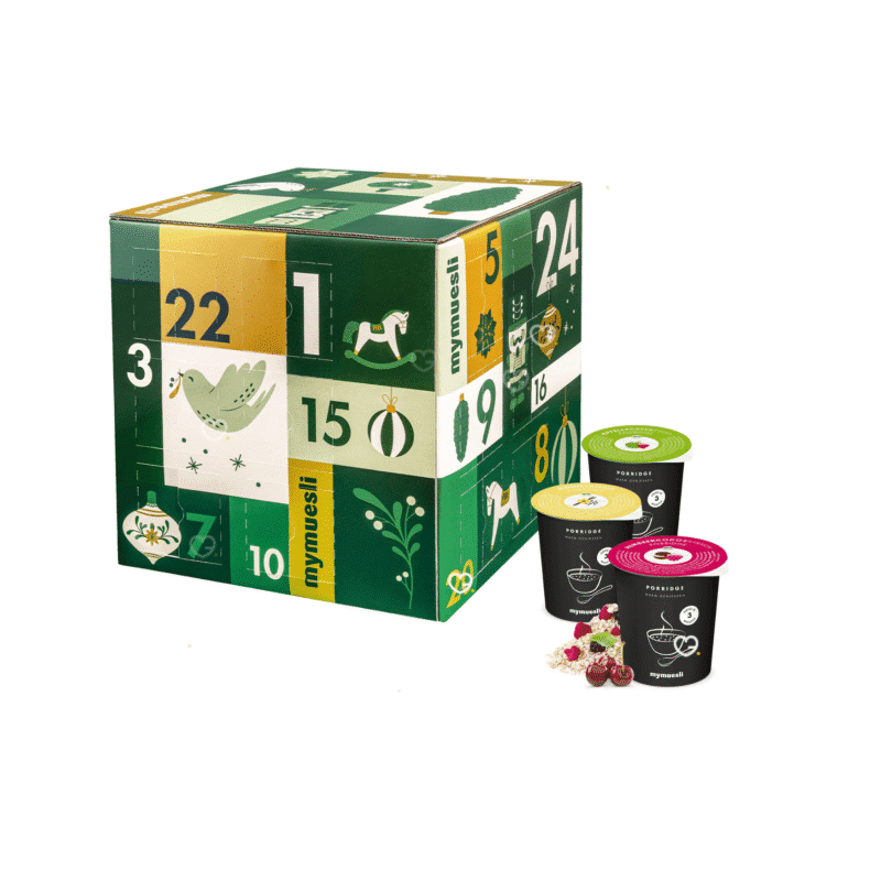 Mymuesli Porridge Adventskalender 2025 mit 24 Bio-Sorten, 18 exklusiv, festliche Box mit Gutschein für Genießer:innen.