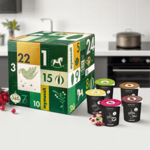 Mymuesli Porridge Adventskalender 2025 mit 24 Bio-Sorten, 18 exklusiv, festliche Box mit Gutschein für Genießer:innen.