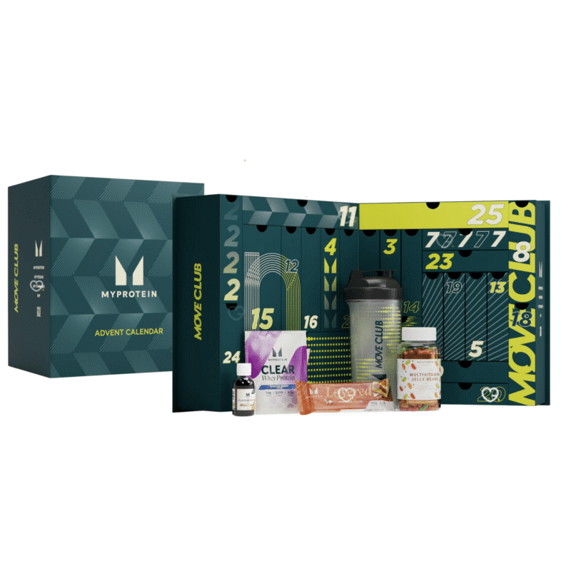 Myprotein Adventskalender 2025 mit 25 Protein-Snacks, Supplements und festlichen Limited-Edition-Geschmacksrichtungen.