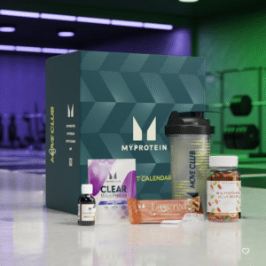 Myprotein Adventskalender 2025 mit 25 Protein-Snacks, Supplements und festlichen Limited-Edition-Geschmacksrichtungen.