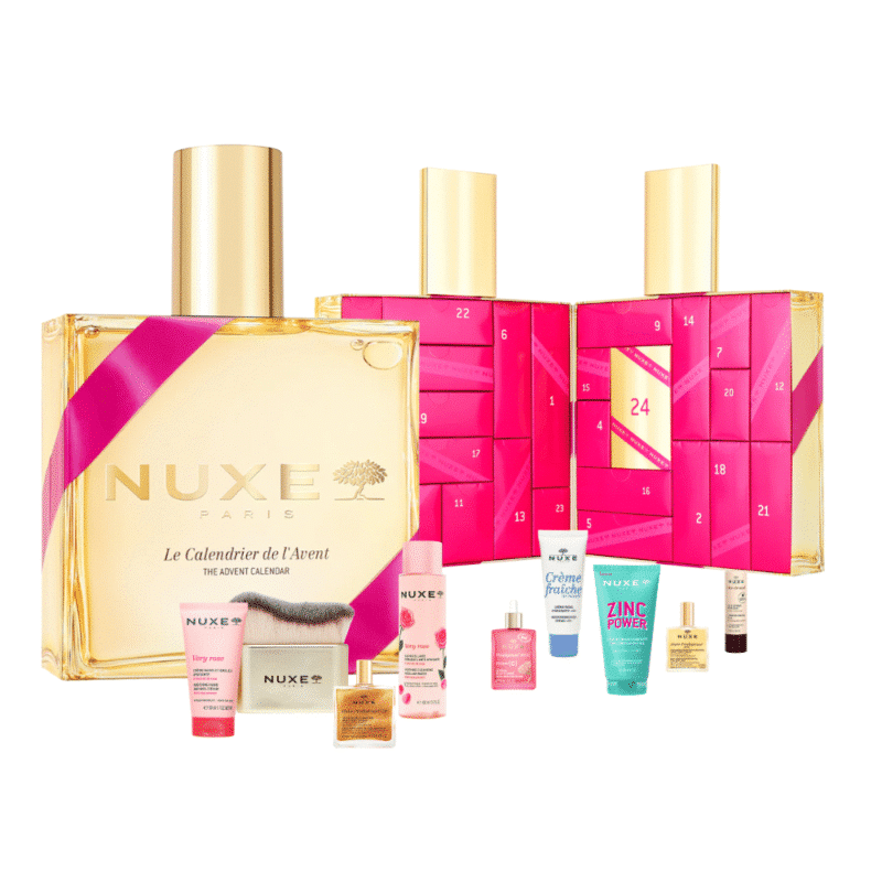 NUXE Adventskalender 2025 mit 24 Beauty-Überraschungen für Gesicht, Körper, Haare und ikonische Pflegeöle in festlicher Box.