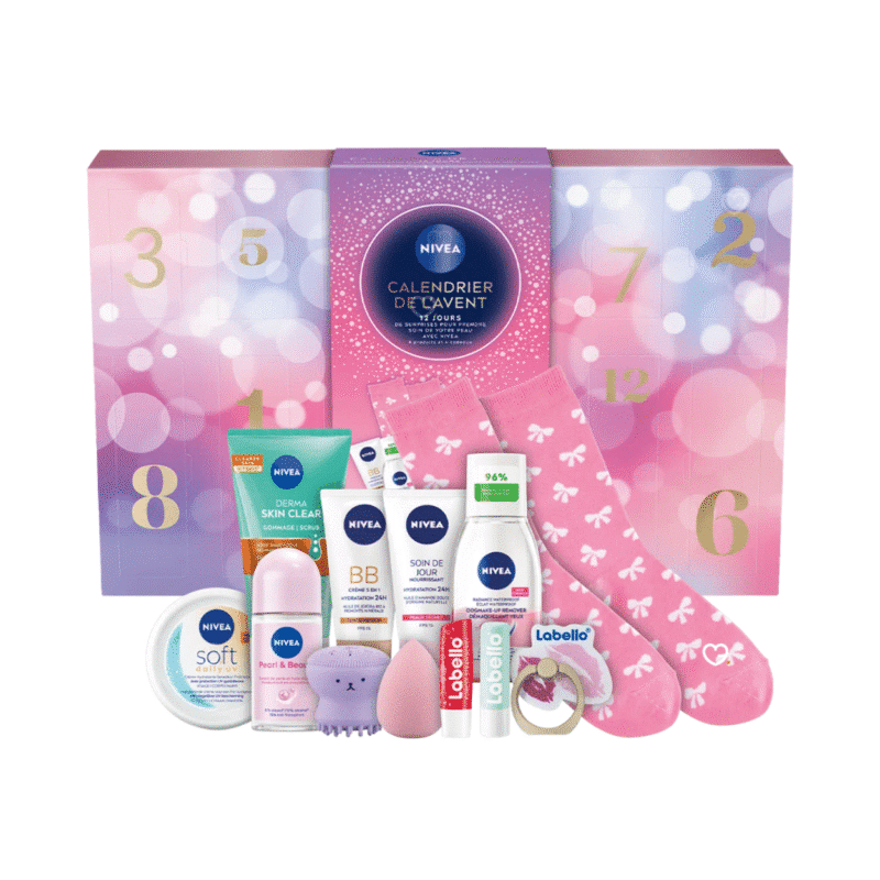 Nivea Jugend Adventskalender 2025 mit 12 Beauty-Überraschungen aus Pflegeprodukten und Accessoires in festlicher Box
