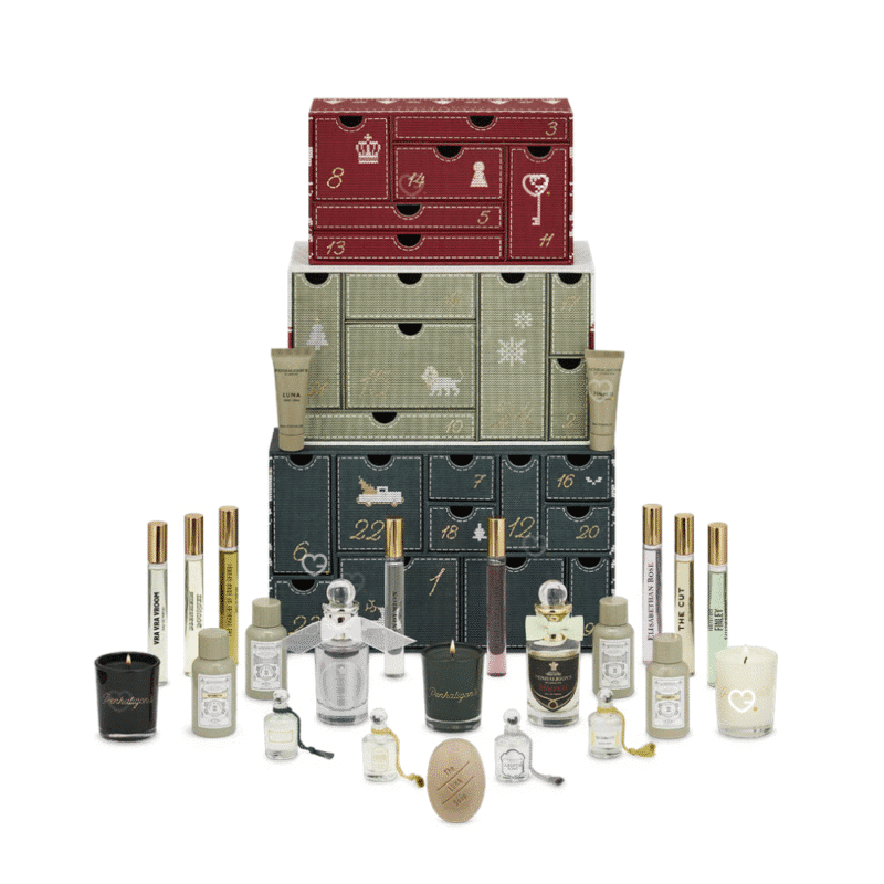 Penhaligon’s Adventskalender 2025 in festlicher Box mit 24 luxuriösen Miniaturen aus Parfum, Bodycare und Duftkerzen.