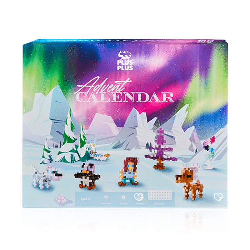 Plus Plus Adventskalender 2025 mit 25 kreativen Überraschungen, rund 600 Bausteinen, Rädern und Bauplatte für Kinder.