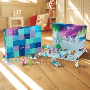 Plus Plus Adventskalender 2025 mit 25 kreativen Überraschungen, rund 600 Bausteinen, Rädern und Bauplatte für Kinder.