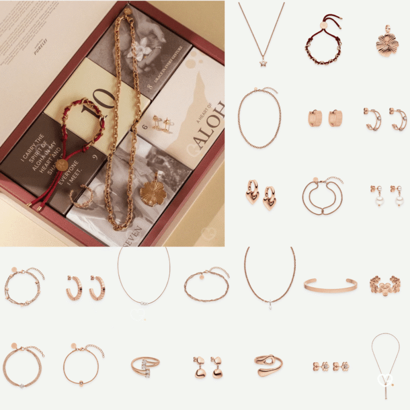 Purelei Adventskalender 2025 mit 25 wasserfesten Schmuckstücken aus Gold, Roségold und Silber in festlicher Geschenkbox.