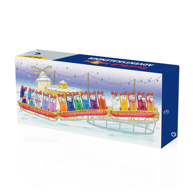 Red Bull Adventskalender 2025 mit 24 Energy-Drink-Dosen in 16 Sorten, festliche Geschenkbox für Erwachsene und Fans.