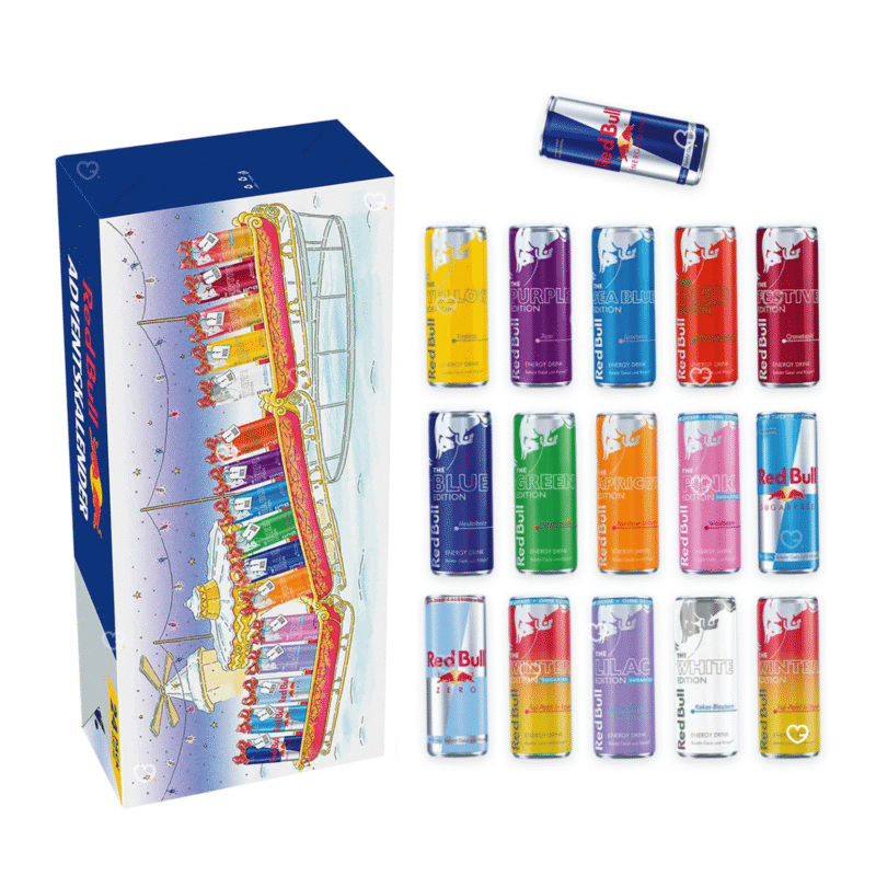 Red Bull Adventskalender 2025 mit 24 Energy-Drink-Dosen in 16 Sorten, festliche Geschenkbox für Erwachsene und Fans.