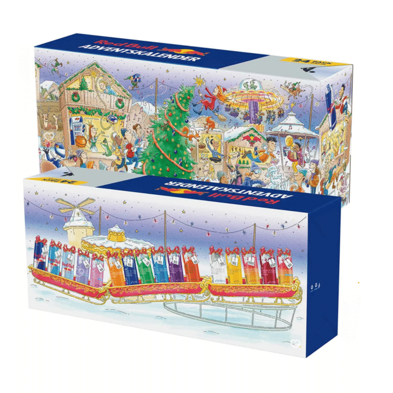Red Bull Adventskalender 2025 mit 24 Energy-Drink-Dosen in 16 Sorten, festliche Geschenkbox für Erwachsene und Fans.