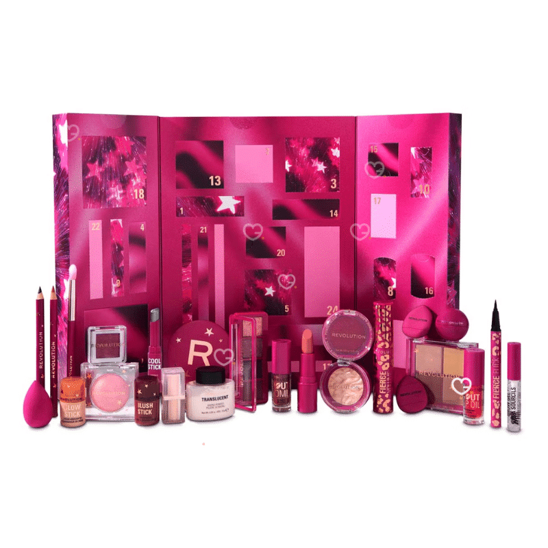 Revolution Adventskalender 2025 mit 24 Beauty-Highlights für Lippen, Augen, Gesicht und Zubehör in festlicher Geschenkbox