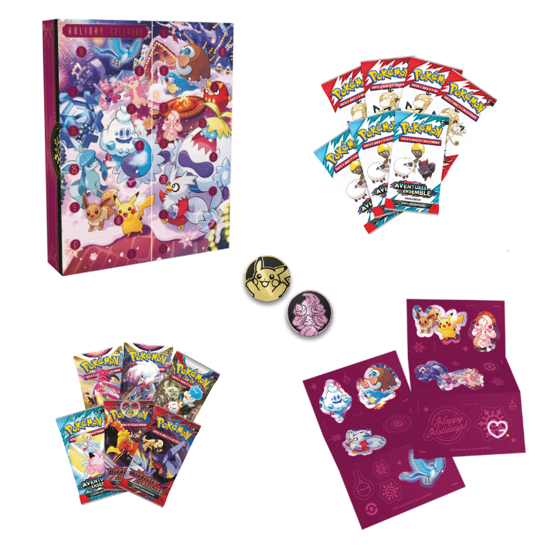 TCG Pokemon Adventskalender 2025 mit 6 Boostern, 28 Glitzerkarten, Stickern und Münzen für Sammler:innen und Kinder.