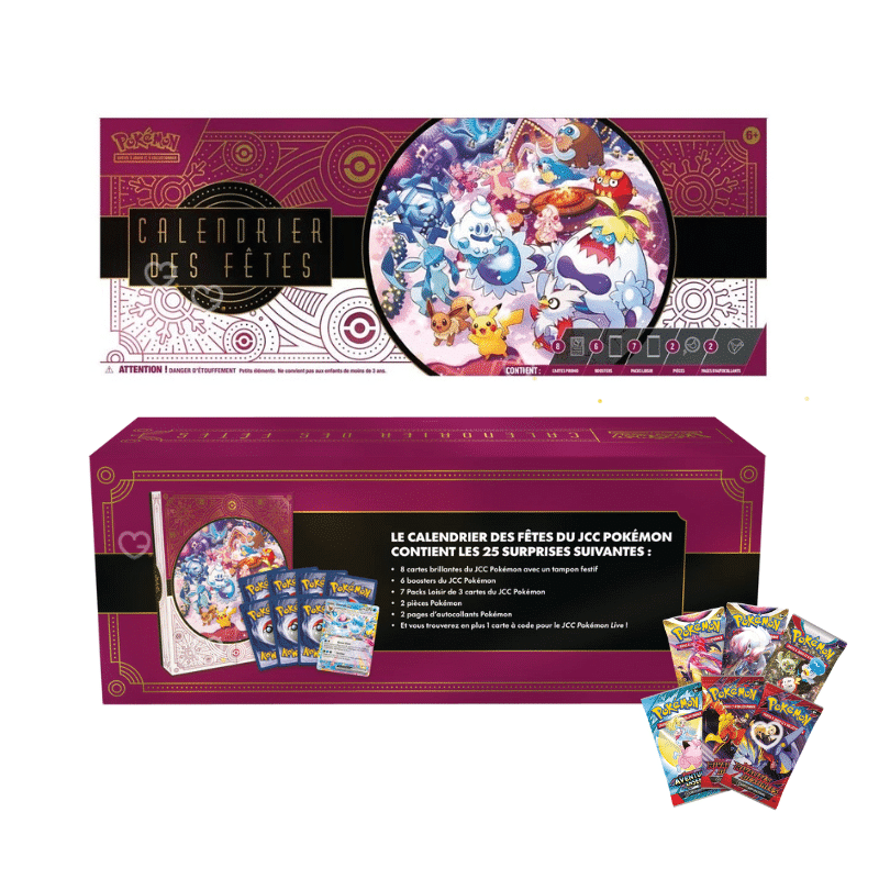 TCG Pokemon Adventskalender 2025 mit 6 Boostern, 28 Glitzerkarten, Stickern und Münzen für Sammler:innen und Kinder.