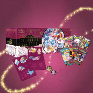 TCG Pokemon Adventskalender 2025 mit 6 Boostern, 28 Glitzerkarten, Stickern und Münzen für Sammler:innen und Kinder.