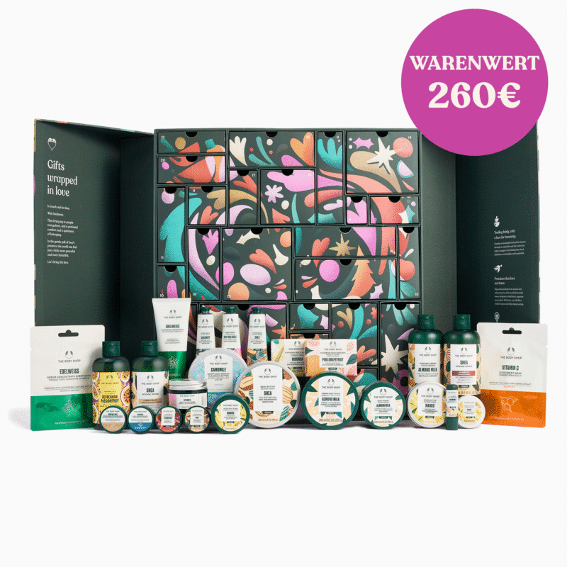 The Body Shop Ultimate Adventskalender 2025 mit 25 luxuriösen Pflegeprodukten wie Cremes, Body Butters und Masken in festlicher Box