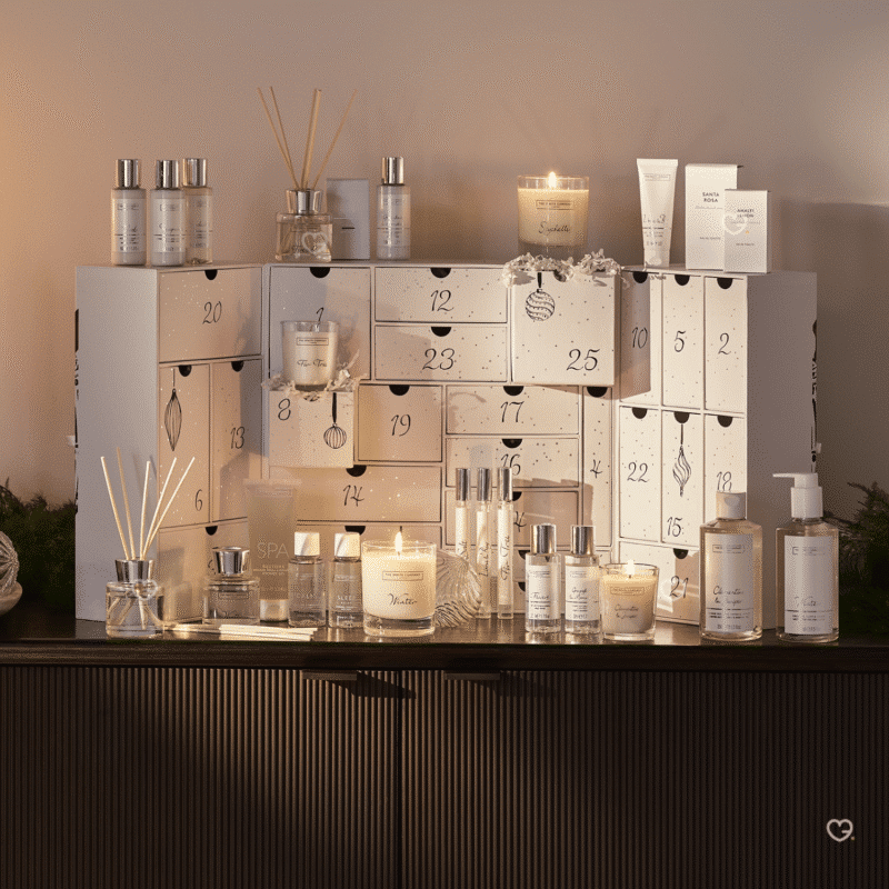 The White Company Adventskalender 2025 mit 25 luxuriösen Beauty- und Home-Produkten wie Düften, Kerzen und Pflege.