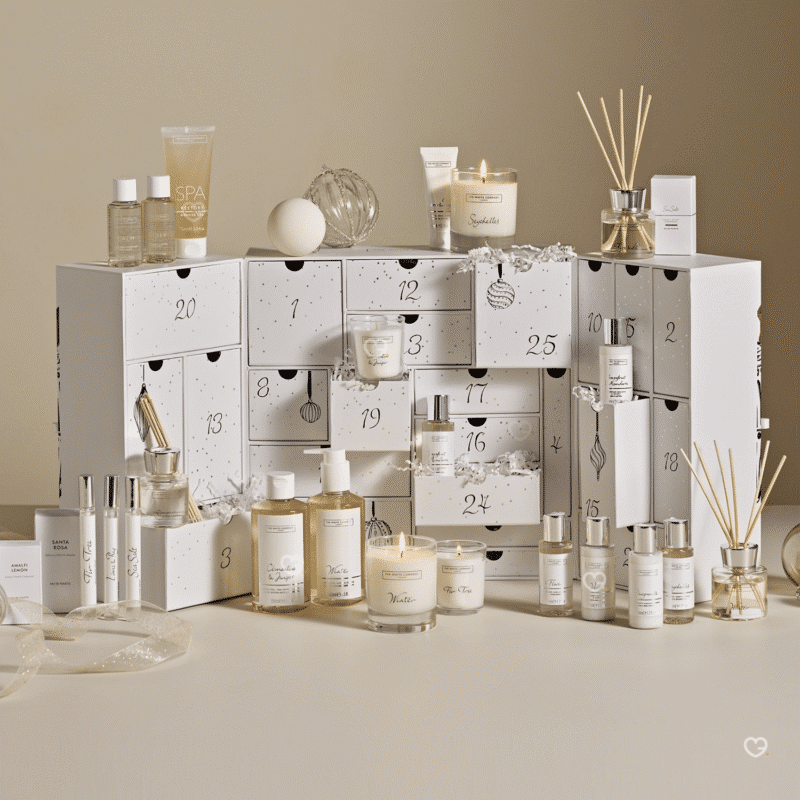 The White Company Adventskalender 2025 mit 25 luxuriösen Beauty- und Home-Produkten wie Düften, Kerzen und Pflege.